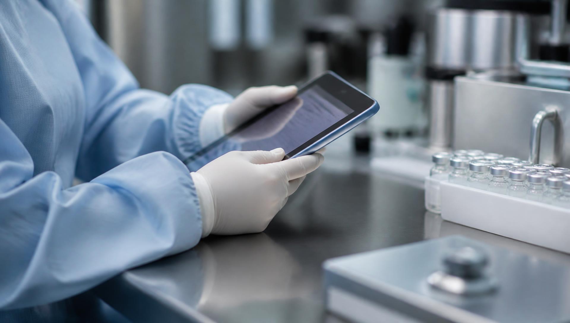 Operator in clean-room gown recording batch information on a tablet at a stainless steel workstation