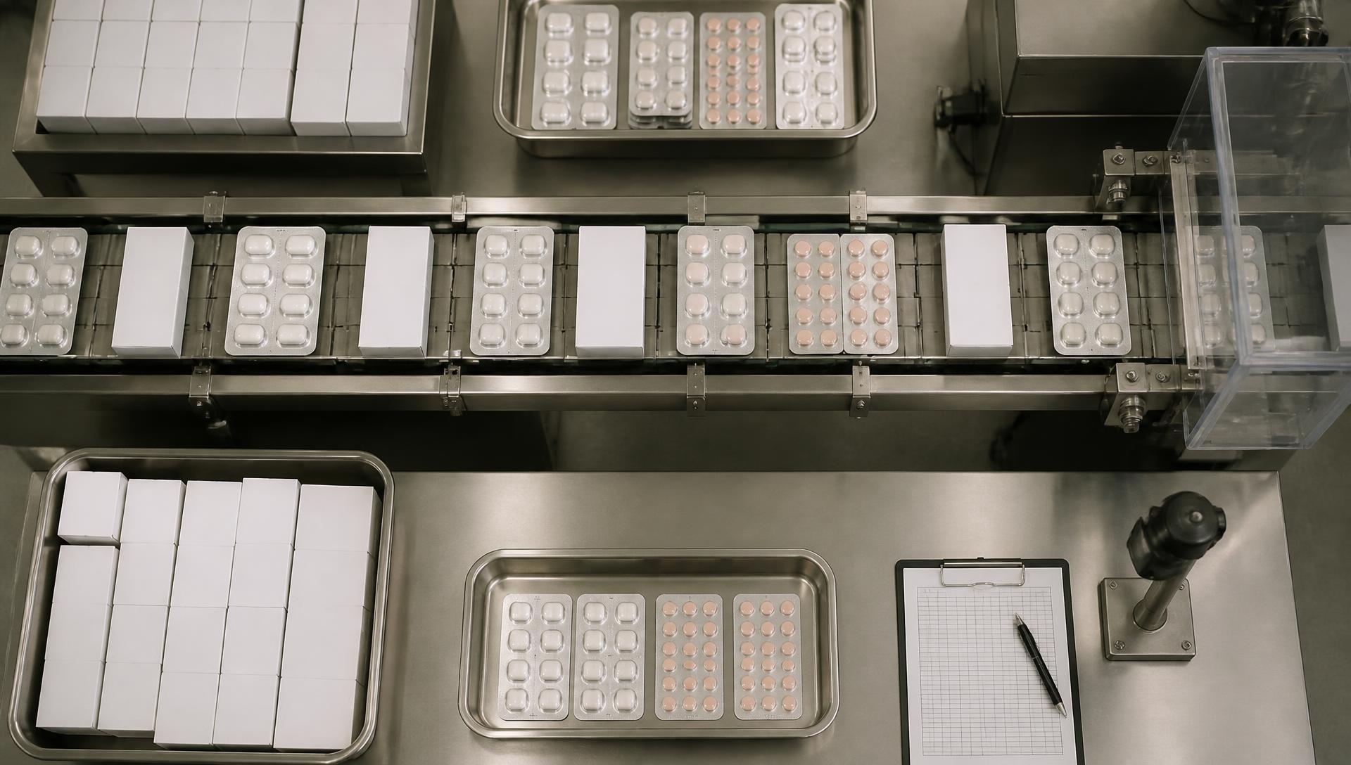 Overhead view of a pharmaceutical packaging and quality inspection line with blister packs and cartons