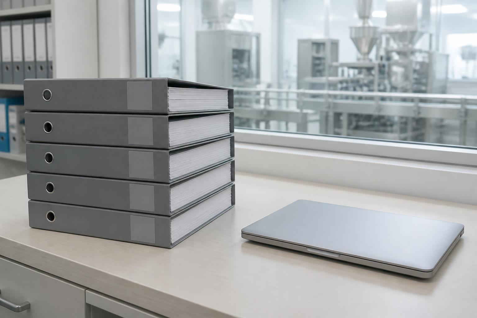 Stack of batch documentation binders and a laptop on a desk overlooking a manufacturing area